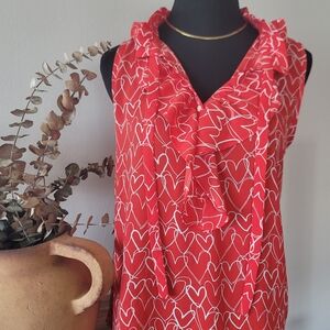 LOFT Red and White Heart Pattern Ruffle Blouse Sz Md